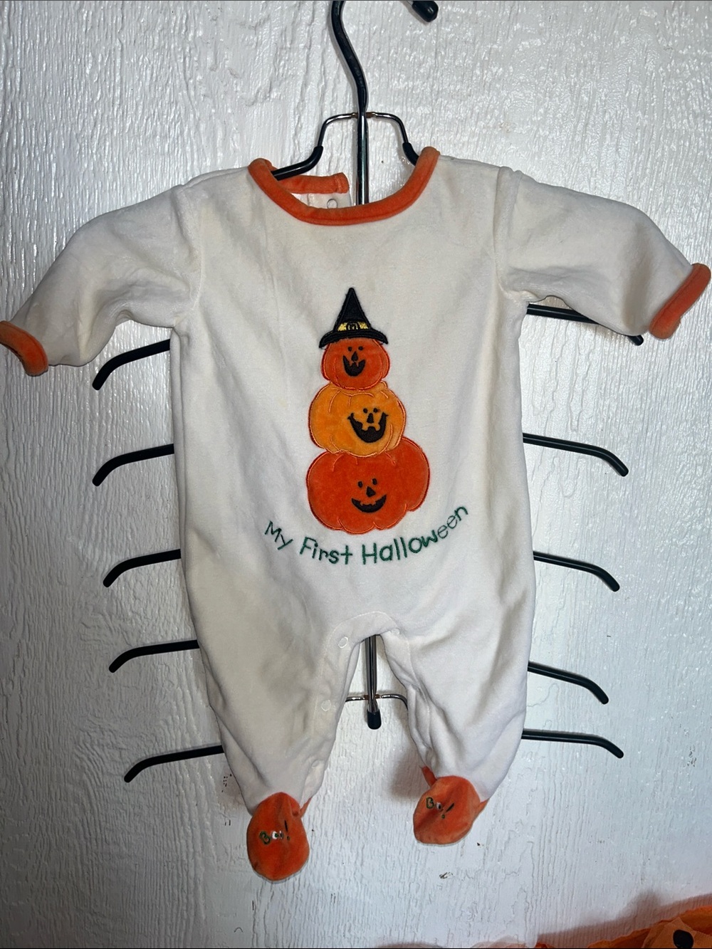 White & Orange Halloween Baby Footie - My First Halloween